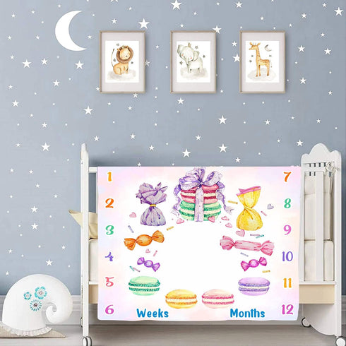 Desserts Baby Monthly Milestone Blanket, 48x40in Macaron Cake Blanket, Candy Sweets for Girl Nursery Baby Shower