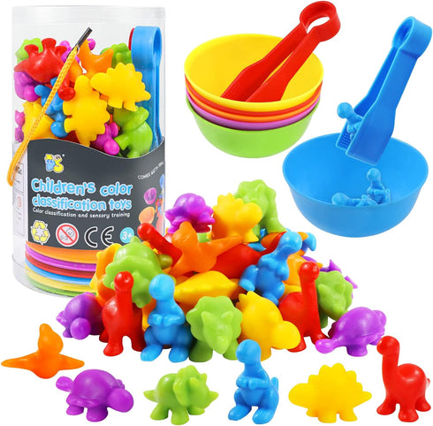 RAEQKS Counting Sorting Dinosaur Toys Montessori Sensory Matching Toy with Bowls, Preschool Learning Activities