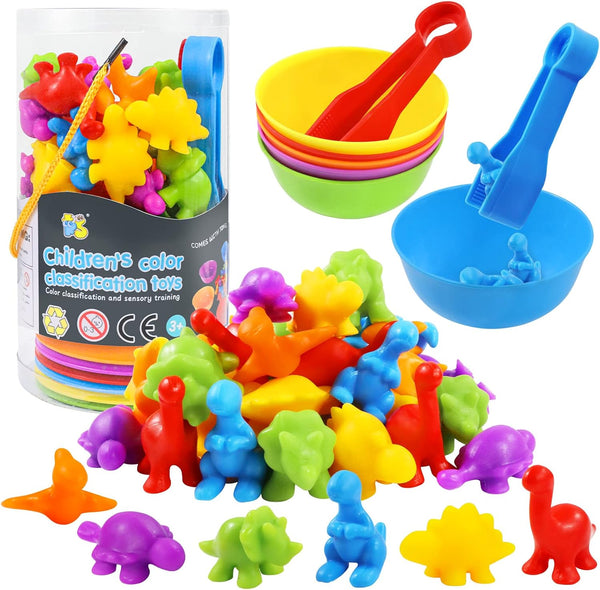 RAEQKS Counting Sorting Dinosaur Toys Montessori Sensory Matching Toy with Bowls, Preschool Learning Activities