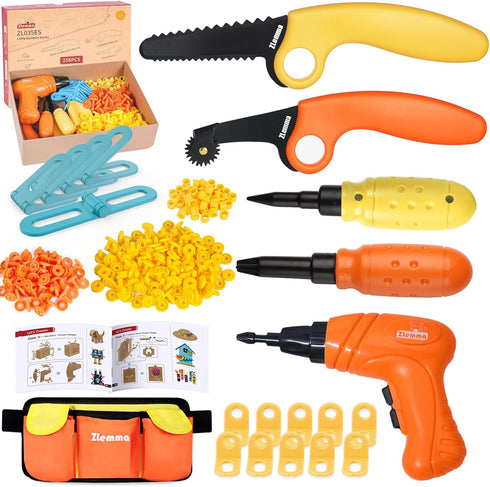 Kids Cardboard Construction Tool Set with Electric Drill & Tool Belt -258PCS,