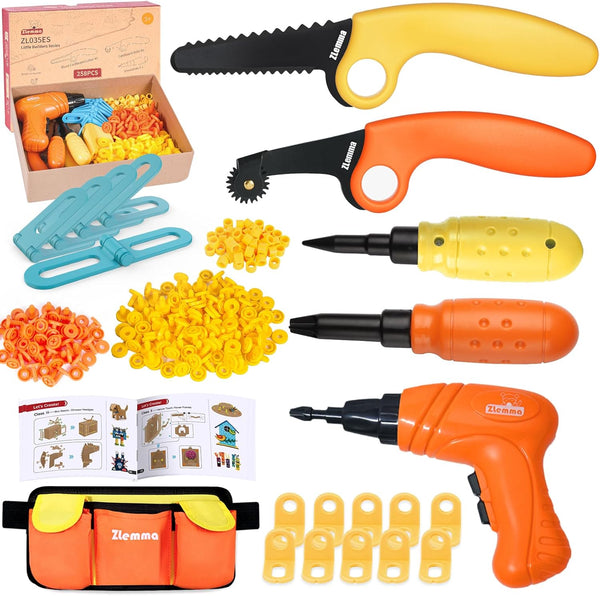 Kids Cardboard Construction Tool Set with Electric Drill & Tool Belt -258PCS,