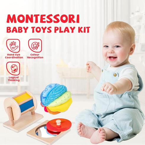 Montessori Baby Toys Play Kit, Mirror Peekaboo Knob Puzzle, Spinning Drum and Rainbow Fabric Ball Kit for 6-12 Months