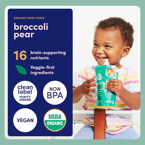 16 4oz, 1 Count Cerebelly Organic Baby Food Pouches, Broccoli Pear Purees, Nutrients, No Added Sugar, Fiber & Non-GMO