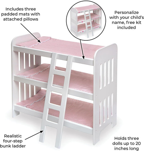 Badger Basket Triple Doll Bunk Bed with Ladder, Bedding, Personalization Kit for 20 inch Dolls - Pink Gingham