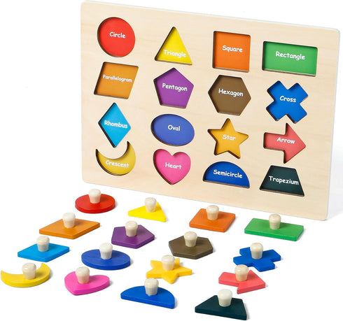 Shape Puzzles Wooden Puzzles for Toddlers, Peg Puzzle Montessori Shape Sorter Toys, Preschool Educational Toy for Baby