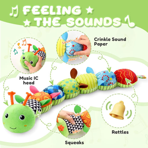 Baby Toys 0 to 12 Months, Musical Stuffed Animal Activity Toys for Newborn Boys Girls, Caterpillar Green