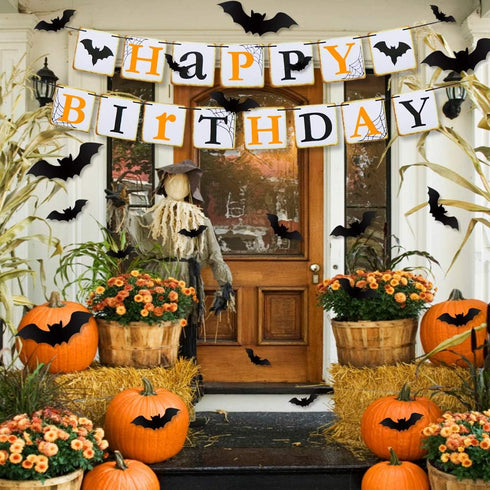 Halloween Party Decorations - Orange Black Latex Balloons, Happy Birthday Banner, 32pcs Black Vampire Bats