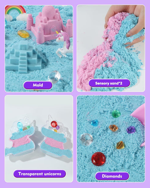 sikmcle 3-8 Unicorn Sensory Bin Play Sand Kit for Girls Moulds Toddler Sand Art Kit with Sandbox for Kids for Toddlers