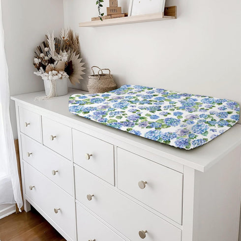 Watercolor Blue Hydrangea Floral Changing Pad Covers, Soft Breathable Fitted Diaper Change Table Mats 32''x16''