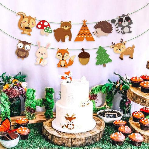 CC HOME Woodland Creatures Banner - Forest Animal Friends Bunting for Kids, Baby Shower, Birthday Party Decoration