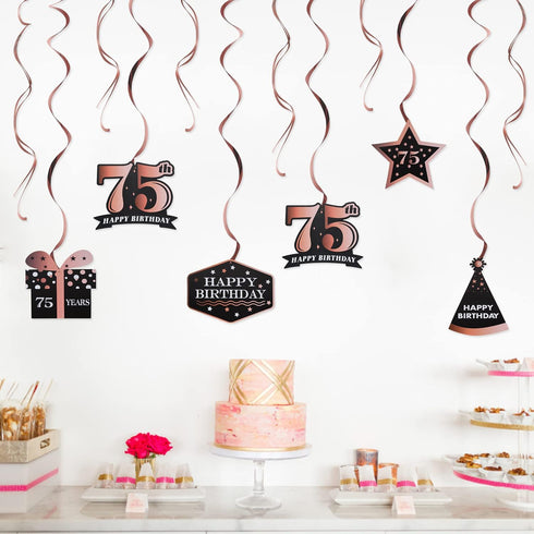 LINGTEER Happy 75th Birthday Decorations, 12Pcs Black & Rose Gold Swirls Streamer Set for 75 Years Old Bday Party