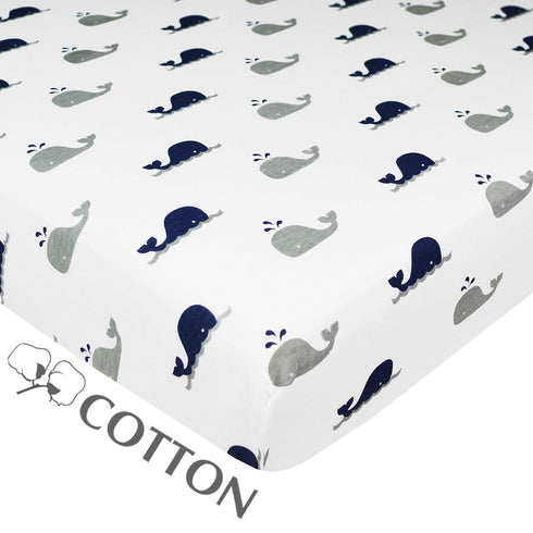 American Baby Company 100% Natural Cotton Fitted Pack and Play Sheet, 39" x 27", Navy Whale for Boys & Girls