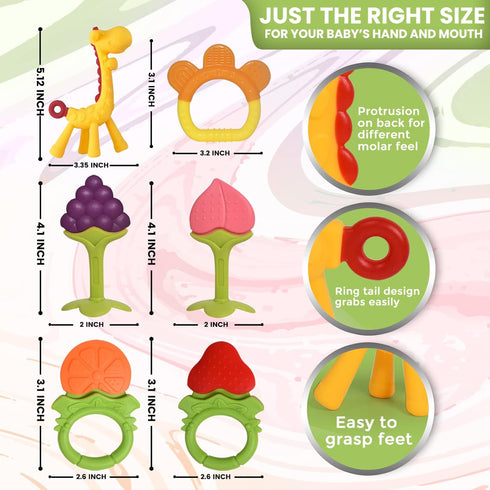 Teething Toys for Babies 0-6 Months - Freezer Safe Silicone Teether, Frozen Chew Toys, 6 Pack - Perfect Gift