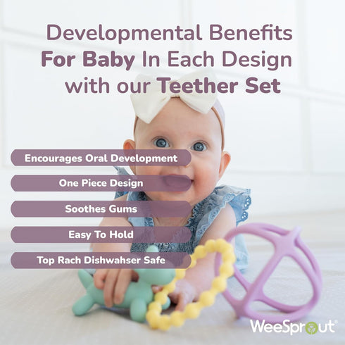 WeeSprout Silicone Baby Teether Toys for Infants and Toddlers - Cute Ring, Puppy Dog, and Ball, BPA Free (Matte Dark