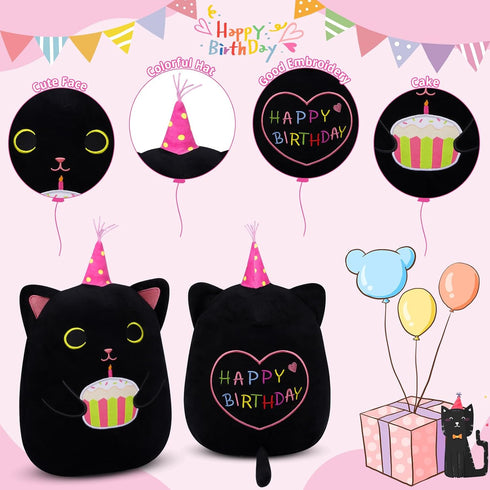 Cat Plush, 14 Inch Black Cat Birthday Stuffed Animal with Cake, Kawaii Kitten Cuddle Pillow Gift