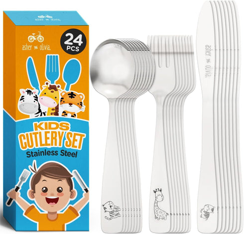 Kids and Toddler Utensils Silverware Set, 24-Piece Toddler Silverware Includes 8 Forks, 8 Spoons, 8 Kid-Friendly Knives