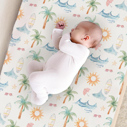 KuphiL10C Summer Girls-16x32 Beach Theme Palm Tree Starfish Sun Pattern Baby Changing Pad Cover, Unisex Beach Ocean