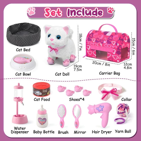 16 Set, 3 4 5 6 7 8 9 Golray Cat Toys for Kids Girls Gift, Electronic Interactive Plush Toy Cat Can Walk and Meow - Pcs