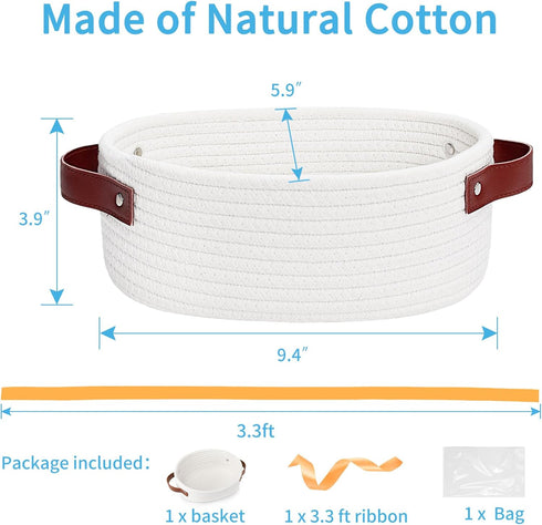 ABenkle Small Woven Basket, Mini Cotton Rope Storage Tiny Shelf Oval Decorative Toy Baby Dog Cat Basket for Nursery, Kids Room, Empty Gift Basket with Gift Bags and Ribbon - White