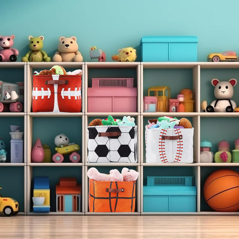 4 Closet Bokon Pcs Sports Ball Storage Basket Bin Fabric Toys Storage Cube with Handles Collapsible Shelf Cloth