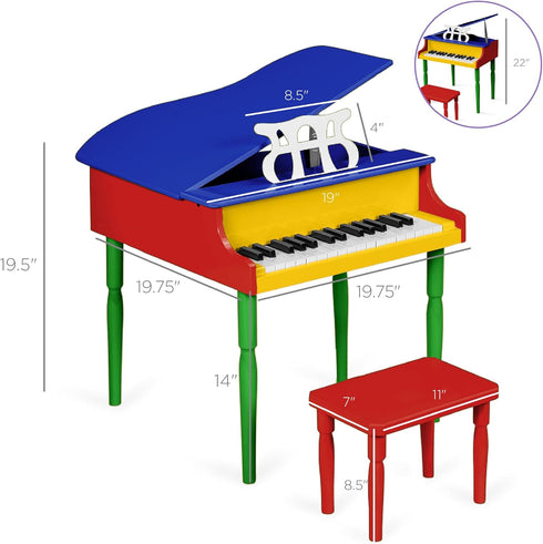 30-Key Best Choice Products Kids Classic Wooden Mini Grand Piano Musical Instrument Toy w/ Piano Lid, Bench, Foldable