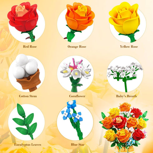 Set 3.6MM CUBIMANA Flower Bouquet Building with Vase & LED Light, Yellow, Orange and Red Roses Mini Building Blocks
