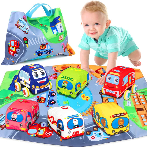 Baby Toys 6 to 12 Months, Soft Car Toys with Playmat Storage Bag, Toddler Toys for 1-2 Year Olds