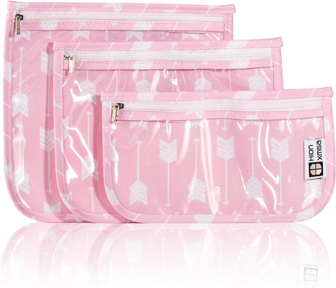 TSA Approved Toiletry Bag, Set of 3 Clear Diaper Bag Organizing Pouches, Waterproof Travel Pouch Set, Arrow Pink