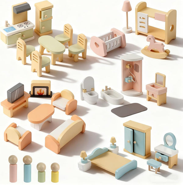 Peccvon 35PCS Wooden Dollhouse Furniture Set with Dolls for 5 Rooms Kits, Doll