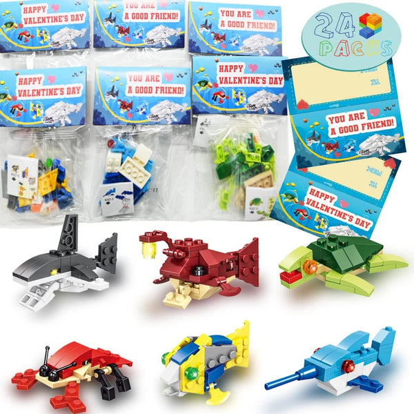 WODMAZ Valentines Day Cards with Sea Animal Building Blocks, 24 Packs Valentine Gift for Kids