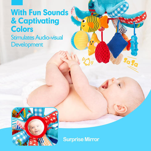 0-6 4 hahaland Baby Toys Months - Car Seat Toys Octopus Toy with Pulling Cords, Squeaky, Crinkle, Rattle, Mirror
