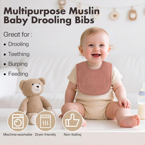 COMFYROLL 8 Pack Drool Bibs for Baby Girls & Boys, Baby Muslin Bibs for Drooling and Teething with Hidden Pocket, Soft