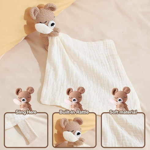 Baby & Infant Essentials - Educational Rattle Toy, Plush Teddy Bear Comforter, Handmade Crochet Animal Soft Toys