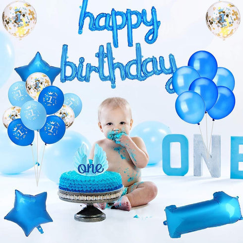 BEISHIDA Blue Happy Birthday Balloons Banner, 16 Inch Mylar Foil Birthday Letters Balloons for Kids Adults Ocean Theme