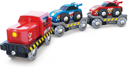 Set Hape Race Car Transporter | Six-Piece Wooden Toy Train Car Transport for Kids