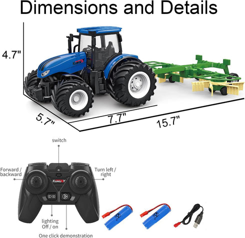 RC Truck Farm Tractor with 2 Rechargeable Batteries, 1/24 High Simulation Vehicle with Lights for Kids 3-6