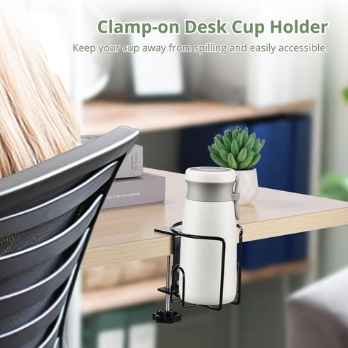 2 Pcs Desk Cup Holders, Anti-Spill Clamp-on Drink Mounts for Table, Adjustable Coffee Bottle Racks for Desks, Tables