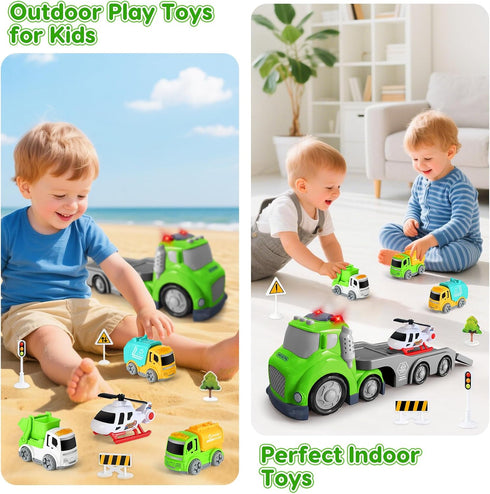1, 2, 3, 4 Set, IJIGU Truck Toys for Toddler Year Old Boy, City Sanitation Transport Trucks Toy Ideal Christmas
