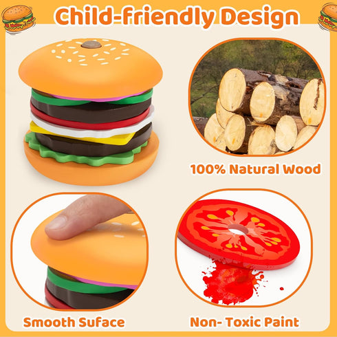 Montessori Wooden Burger Stacking Toys for 2-5 Year Olds, Fine Motor Educational Toys for Boys & Girls, Gift Ideas