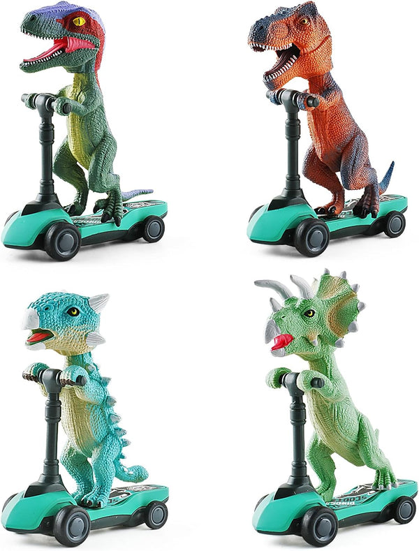 DINOBROS Dinosaur Scooter Toys - Pull Back Cars Mini Finger Kick Scooters, Dino Gift Sets for Kids 4-Pack
