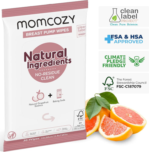 Momcozy Natural Breast Pump Wipes for On-the-go Cleaning, 30 Count (Pack of 3) - Resealable Pump Wipes