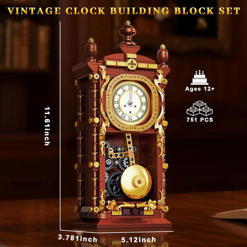 Set, 14+ (751 Vintage Retro Swing Clock Building Pendulum Clocks Building Block Toys with Functional Mechanical Model