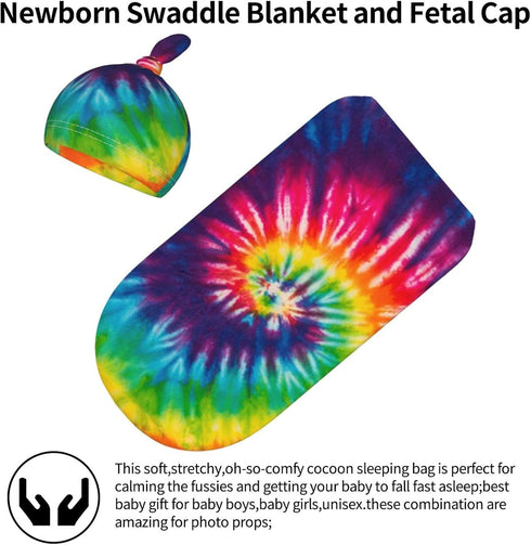 Tie Dye Colorful Rainbow Newborn Swaddle Blankets Beanie Hat Sets, Soft and Stretchy Baby Blanket for Baby Shower