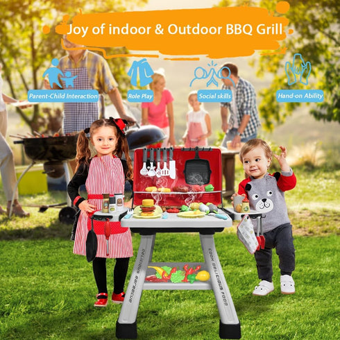 Barbecue Grill Toy Set, Kids BBQ Kitchen Playset with Smoke Sound Light Simulation for Interactive Pretend Play