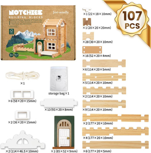 107 4-8 Jovi-mindlyNotchies Pcs Wooden Blocks Toys with Door and Windows,Classic Old Fashioned Toys,Wooden Building