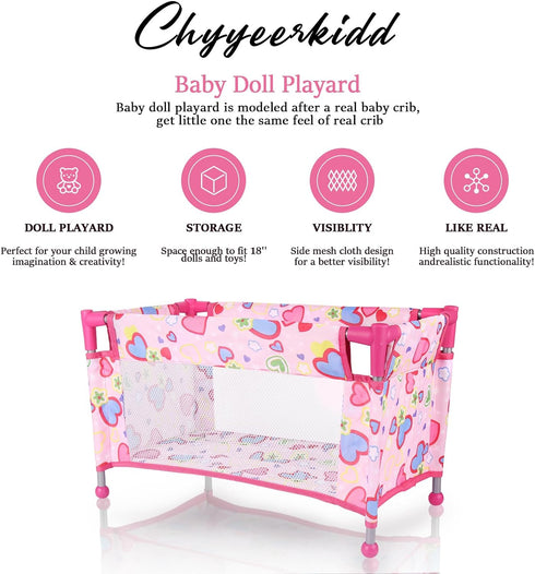 Toy Baby Doll Crib for 18'' Dolls, Cute Pink Heart Designed Baby Doll Bed with Carry Bag, Doll Furniture for Girls