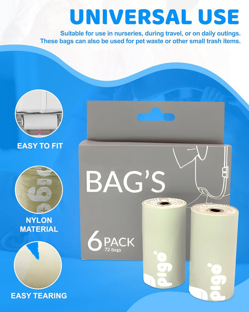 keepigo 6 72 Compostable Disposable Diaper Bags Refills | Rolls, Leak-Proof, XL Biodegradable Baby Poop Bags |