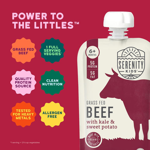 6+ 5g Nutrient-Packed 3.5 Oz, Pack 12 Serenity Kids Months Baby Food Pouches - Protein Grass Fed Beef Pouches - Veggie