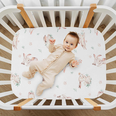 CaTaKu Crib,28"x 52" Baby Crib Sheets Cute Rabbit Bunny Woodland Mini Crib Sheets Fitted for Girls Boys,Neutral Soft