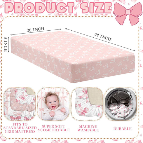 4 Pack Set 52'' 28" Peryiter Crib Sheets for Baby Pink Bow Soft Baby Bed Sheet x Nursery Crib Sheets for Standard Bed